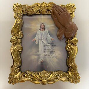 Jesus Resurrection Praying Hands Goldtone Ornate Frame Christian Wall Decor VTG
